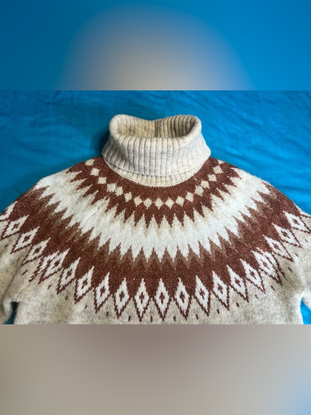 Aspen Fair Isle Turtleneck Sweater Nordic Wool Blend Oatmeal Brown Small - Picture 10 of 16